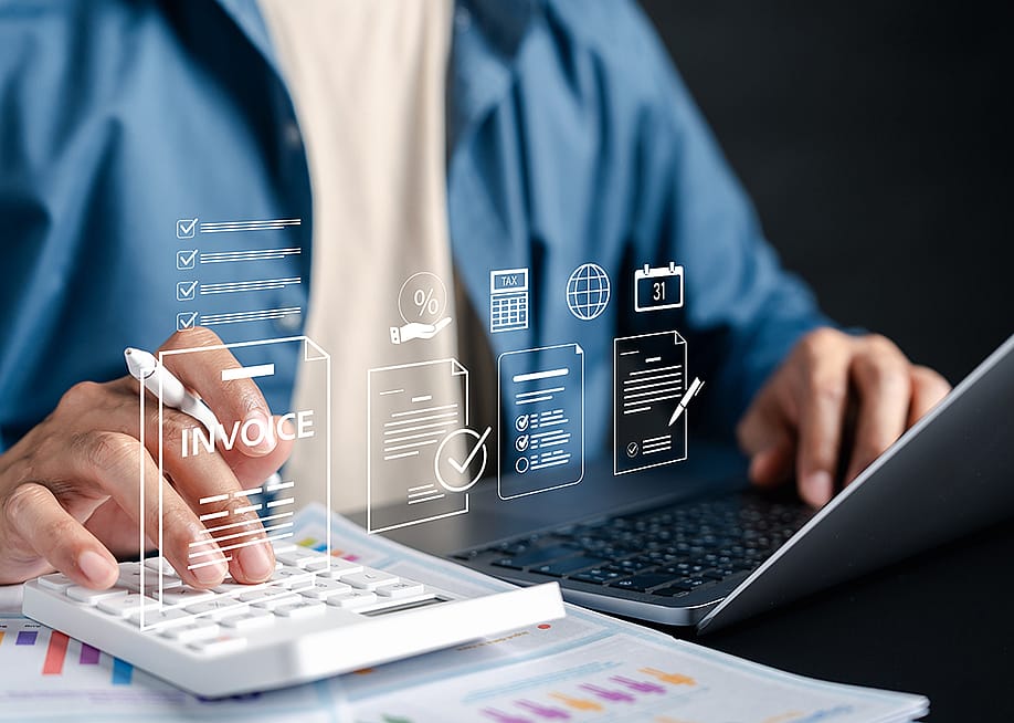 Accountant illustrated with invoice system graphics. — MMD Creative // Shutterstock