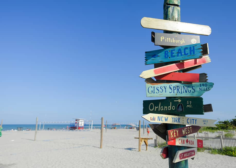 Decorative directional signs displayed from a post in the beach. — Nikodash // Shutterstock