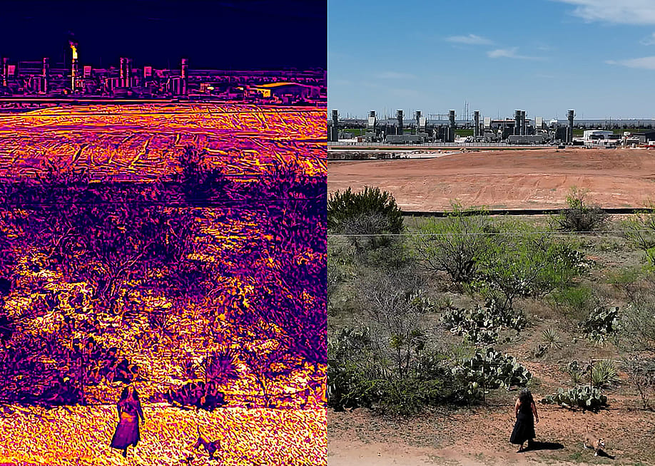 Thermal imagery (left) captured in late March shows one of the 10 gas-fired turbines in operation at OpenAI’s flagship data center in Abilene, Texas. — Evan Simon // Floodlight