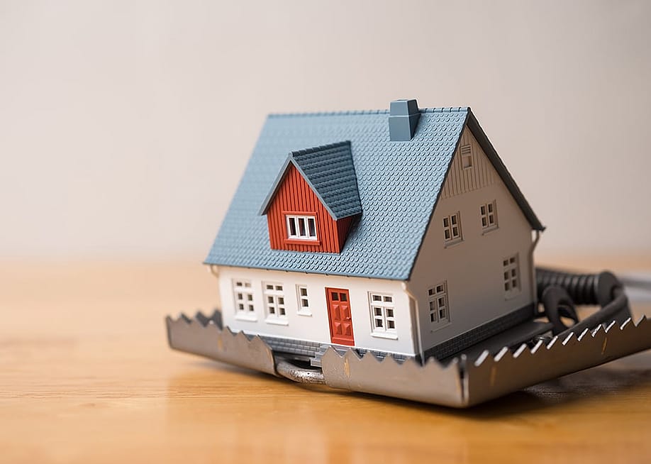 A miniature house within a mouse trap placed in a wooden table. — Pla2na // Shutterstock