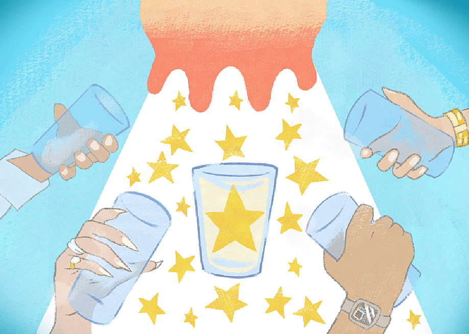 An illustration showing a centered glass with a prominent star inside, surrounded by stars, and four hands holding glasses around it. — Janey Hayes