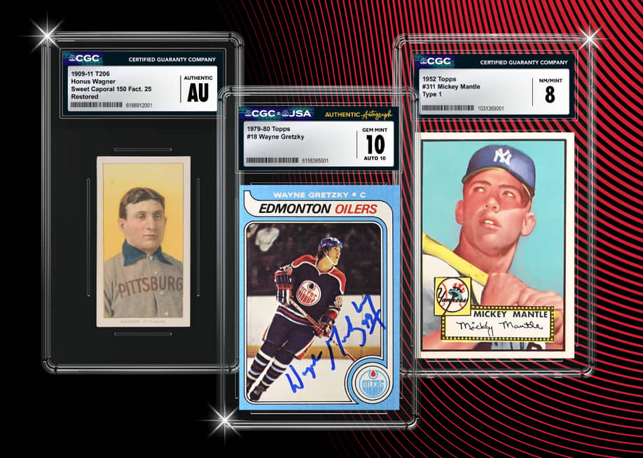 Encased graded vintage sports cards featuring athletes namely Honus Wagner (baseball), Wayne Gretzky (ice hockey) and Mickey Mantle (baseball). — Certified Collectibles Group