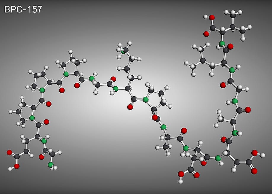 A 3D render of BPC-157 (Body Protective Compound-157), a peptide derived from a protein found in human gastric juice. — Bacsica // Shutterstock