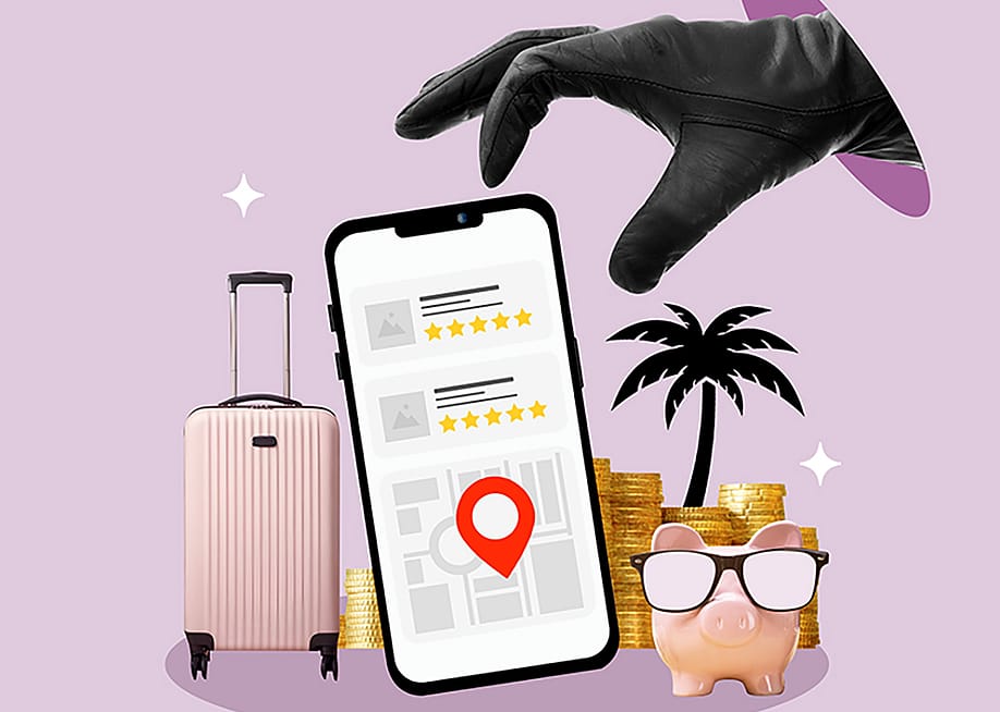 A collage of a smartphone and vacation items with a hand stealing above, depicting a travel scam concept. — N Universe // Shutterstock