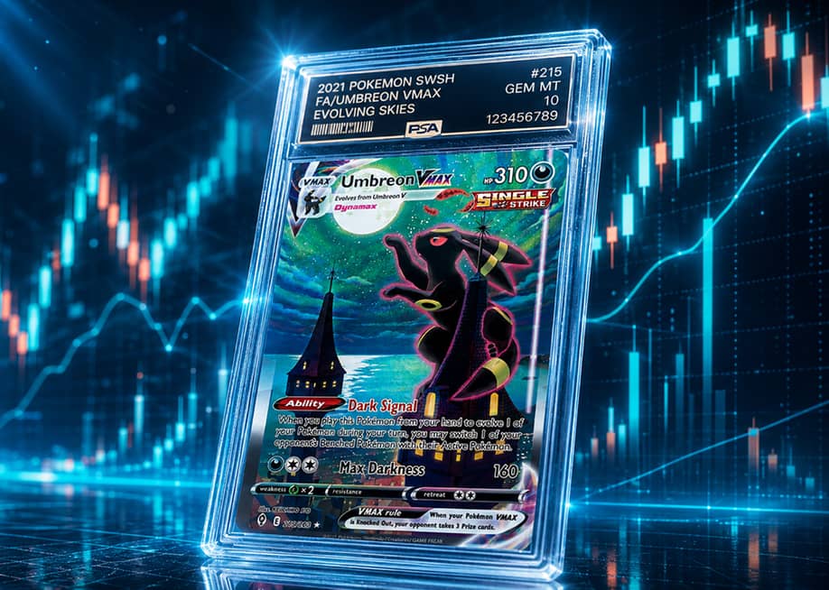 An encased, graded Umbreon VMAX card, a prized Pokémon trading card collectible, illustrated with stock market graphics. — MarketWise