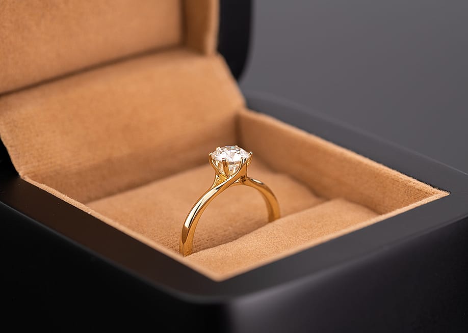 A diamond ring in a box. — Levon Avagyan // Shutterstock.