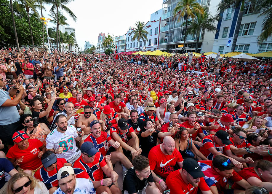 Fans of Norway take part in the "Viking Row," a cheer created by Norwegian soccer fans which gained popularity during the 2026 FIFA World Cup, on July 10, 2026, in Miami Beach, Florida. — Buda Mendes // Getty Images