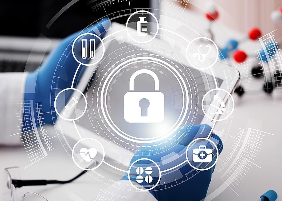 A healthcare professional using a digital tablet illustrated with cybersecurity graphics. — Billion Photos // Shutterstock