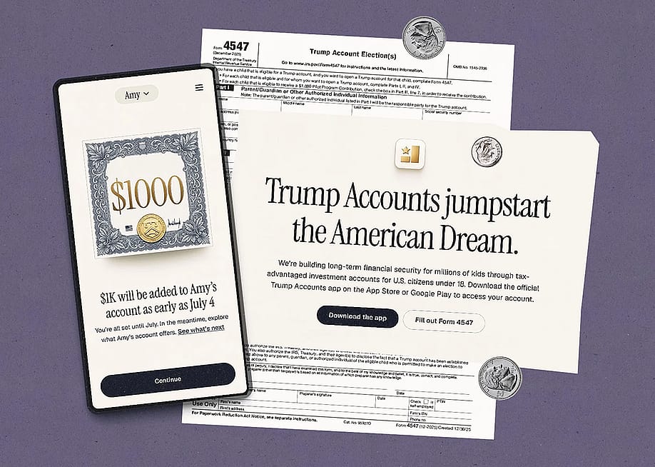 A custom illustration showing Trump Account creation requirements such as Form 4547 and the Amy app. — Emily Scherer for The 19th