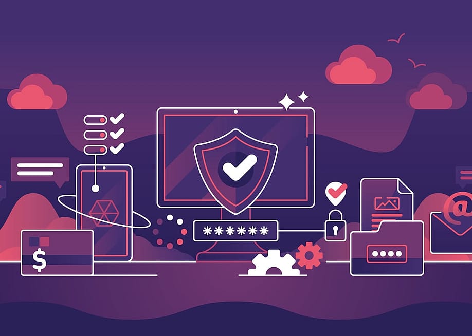 A purple and pink vector illustration for the concept of cybersecurity. — VectorMine // Shutterstock