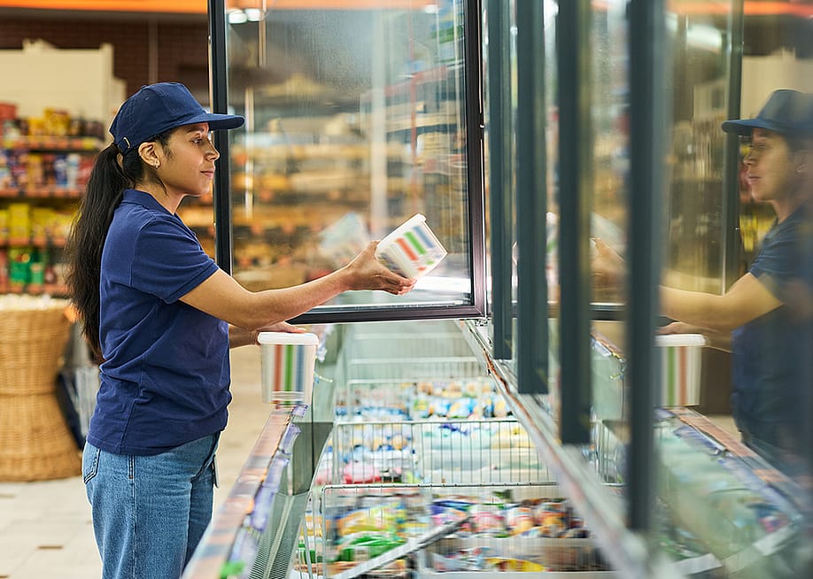 A store employee stocking frozen food items before an inventory check in a supermarket. — Pressmaster // Shutterstock