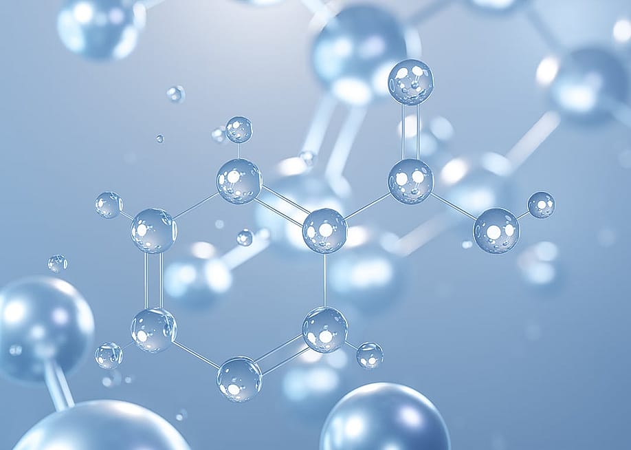 A 3D graphic of a niacin molecular structure or nicotinic acid seen from a microscope view. — SergeiShimanovich // Shutterstock