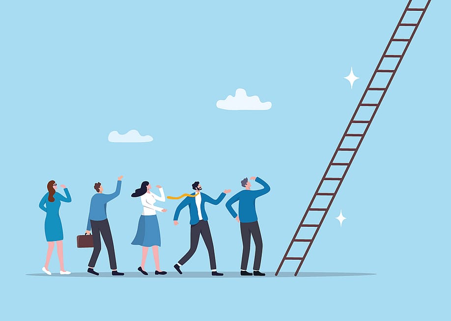 A vector illustration showing office workers standing at the bottom of a ladder, signifying a corporate growth or promotion concept. — eamesBot // Shutterstock