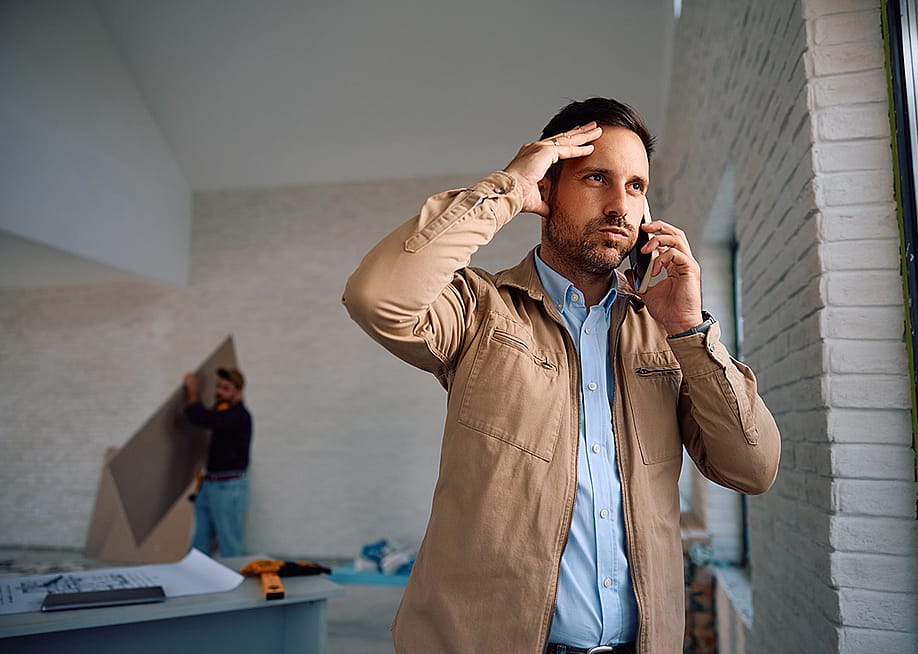 A displeased man taking a phone call during a home renovation. — Drazen Zigic // Shutterstock