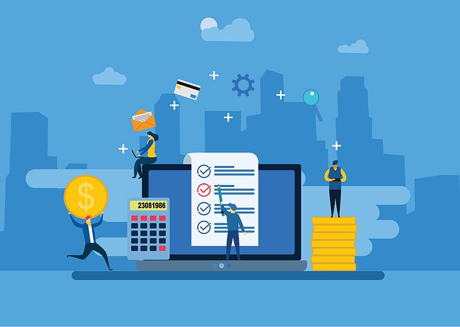 A vector illustration depicting a digital payroll and salary administrative concept with office workers and financial symbols. — PIDCO.Art // Shutterstock