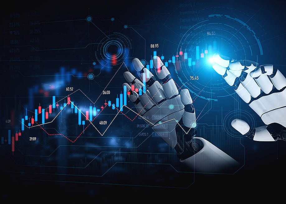 Robotic hands identifying trading and stock charts as a concept of an AI trading agent. — Summit Art Creations // Shutterstoc