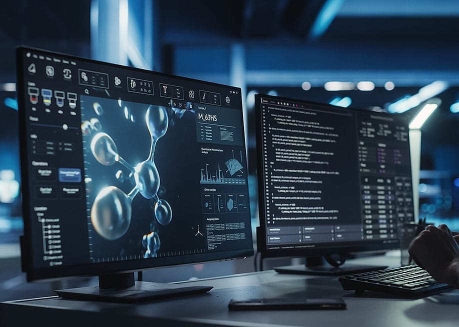 A medical researcher working on a molecular modelling software with source code data from computers for new antibiotic drugs. — Gorodenkoff // Shutterstock