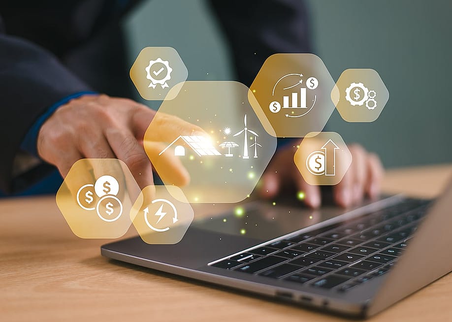 A conceptual graphic of a businessman navigating energy and finance markets. — FON's Fasai // Shutterstock