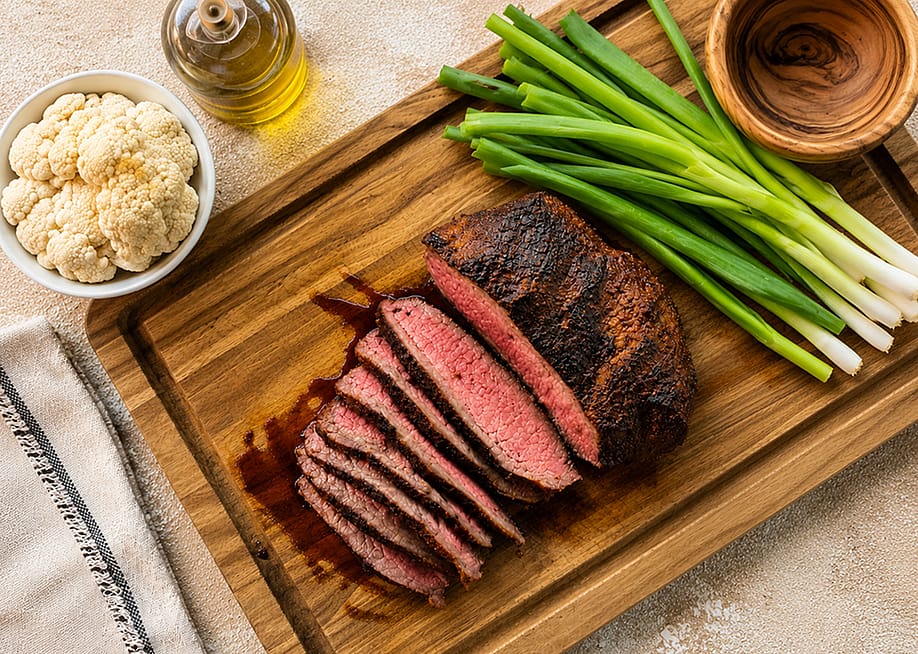A Blackened Santa Maria Tri-Tip steak served on a wooden board with fresh scallions, bowl of cauliflower, and oil on the sides. — Wildfire Outdoor Living