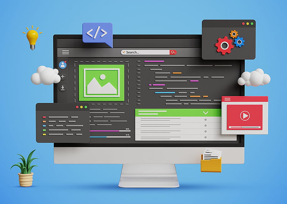 A 3D illustration of a web development and coding concept displayed on a computer with floating user interface elements. — DETHAL // Shutterstock