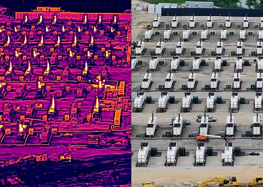 A composite image with thermal imaging on the left showing a fleet of more than 60 unpermitted tractor-trailer-sized generators powering one of the largest planned data centers on the East Coast. — Evan Simon // Floodlight
