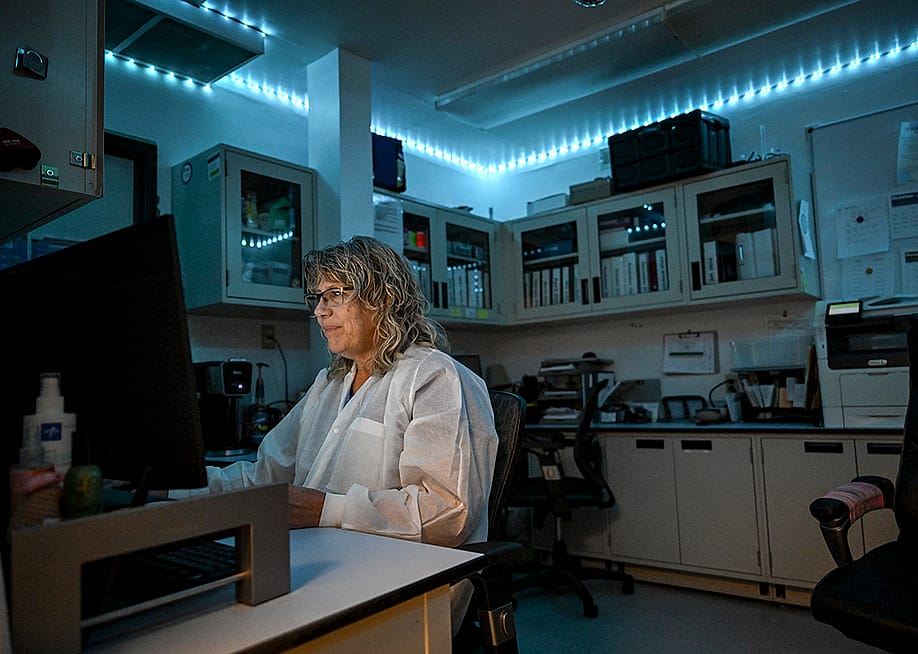 A lab tech worker at her computer at Lincoln Health Community Hospital in Hugo, Colorado. — Aaron Ontiveroz // The Denver Post