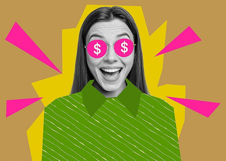 A 3D collage poster showing an excited young adult with her dollar sign sunglasses in a vibrant background. — Roman Samborskyi // Shutterstock