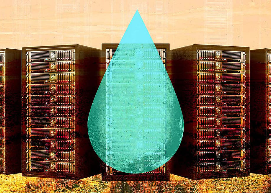 A collage graphic of a large water droplet overlaid on a row of data centers in a grassfield. — Knowable Magazine