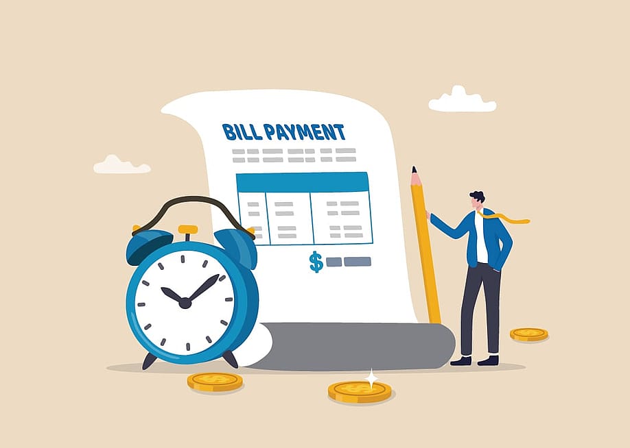 A vector illustration depicting a bill payment and personal finance concept, featuring a businessman holding a pencil next to a large bill document, alarm clock, and gold coins. — eamesBot // Shutterstock