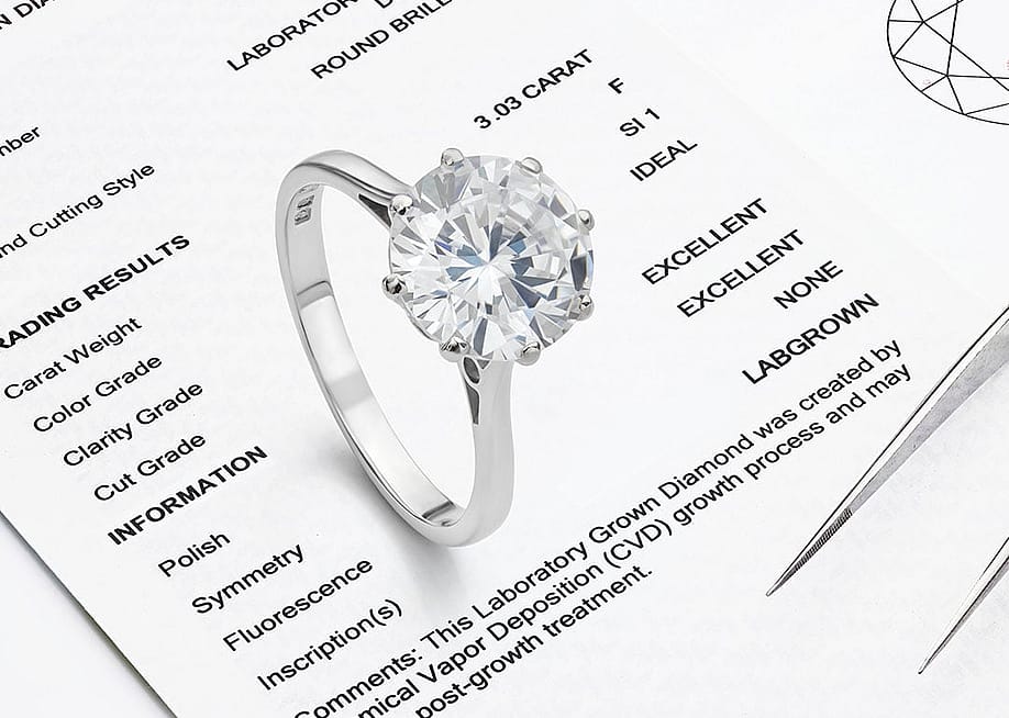 A ring with lab-grown diamond on top of a lab-grown diamond report. — Mark S Johnson // Shutterstock