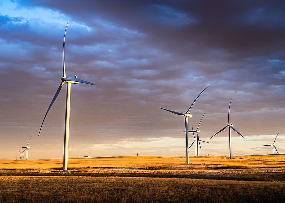 View of a wind farm during sunset. — Ramon Cliff // Shutterstock