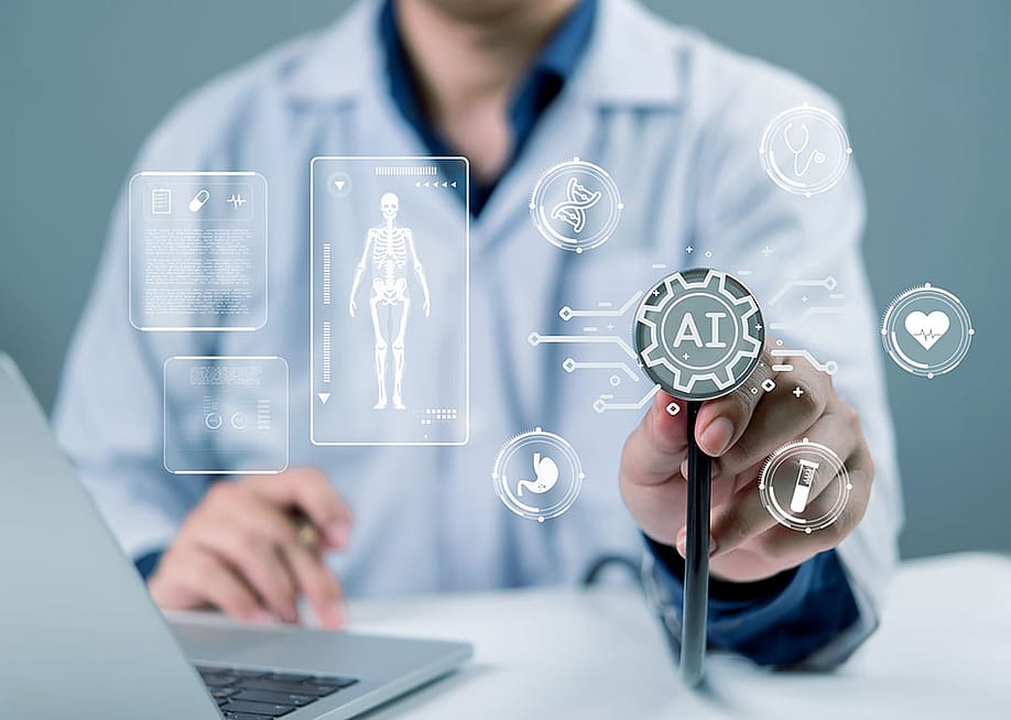 A conceptual graphic of a doctor using AI-powered technology in healthcare. — khunkornStudio // Shutterstock