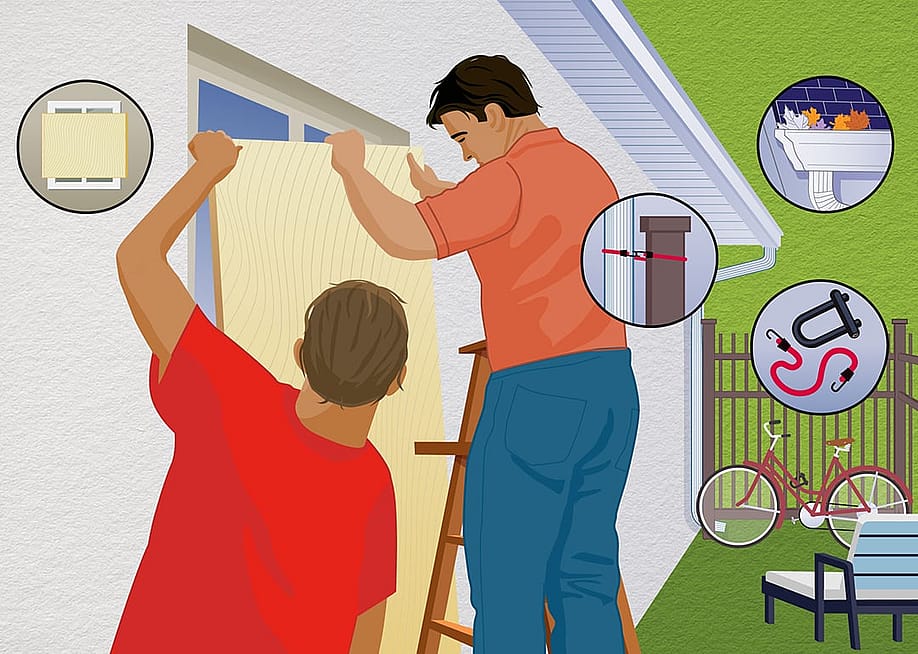 A custom illustration on how to cover windows with plywood to protect a home during a hurricane. — Paul Dolan // HomeServe