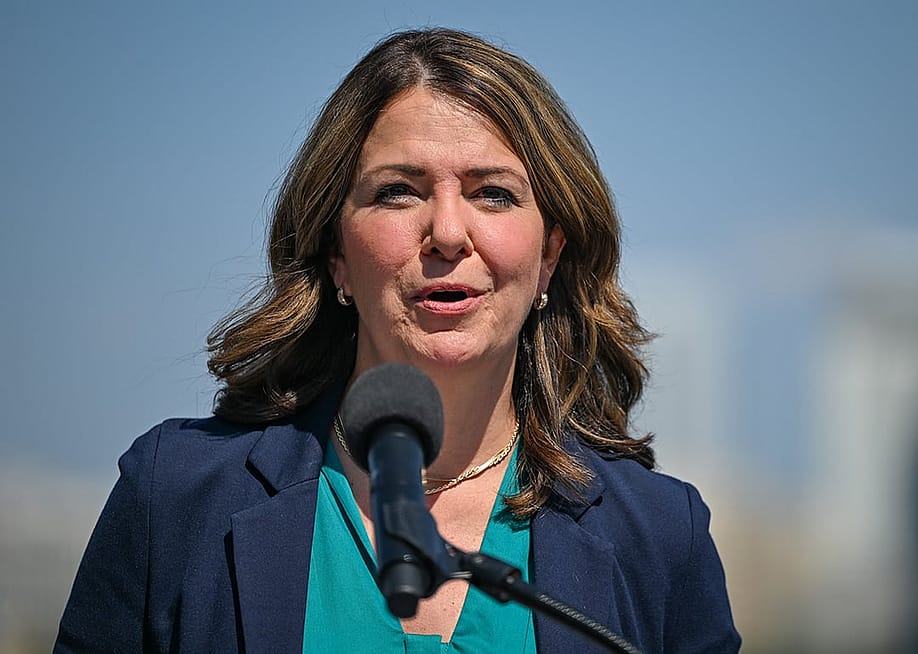 Canada's Alberta Premier Danielle Smith announcing to the media a $2.8-billion contribution to the Alberta Heritage Savings Trust Fund in Edmonton, Alberta, Canada. — Artur Widak // NurPhoto via Getty Images