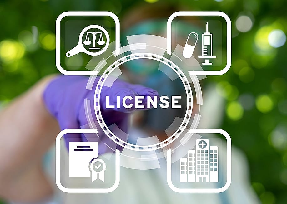 A conceptual graphic showing a medical professional utilizing a virtual interface for medical licensing, copyright protection, and property rights in the industry. — Panchenko Vladimir // Shutterstock
