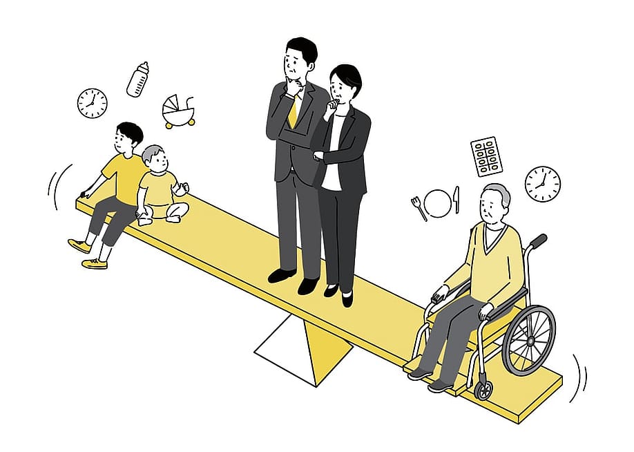 A digital illustration of a sandwich generation being in a seesaw of balance from children, working adults, and elderly. — claudenakagawa // Shutterstock