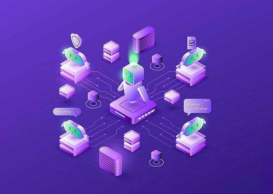 Illustration of agentic AI system with robots collaborating on network automation coding and security tasks on purple background. — Basius77 // Shutterstock