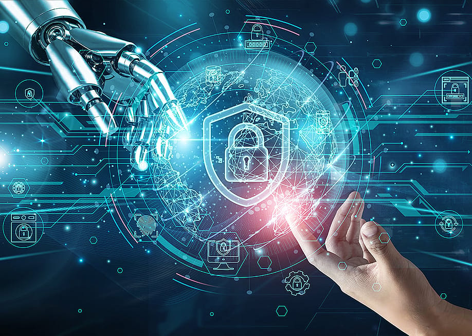 A robot's hands and a human hand reaching on a cybersecurity system for threat detection and firewall protection of networks. — HL Creations // Shutterstock