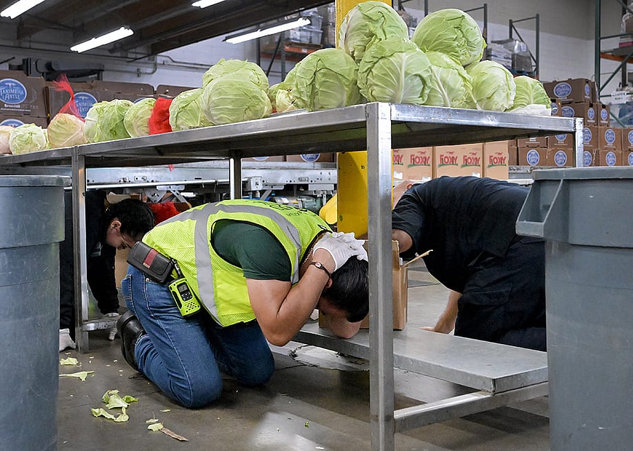 LA Regional Food Bank's employees participating in The Great California ShakeOut in Los Angeles, California, USA. — Brittany Murray // MediaNews Group/Long Beach Press-Telegram via Getty Images
