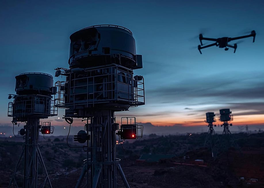 Unmanned aircraft systems with elevated sensors and a quadcopter drone in flight seen in a twilight background. — MAG Aerospace