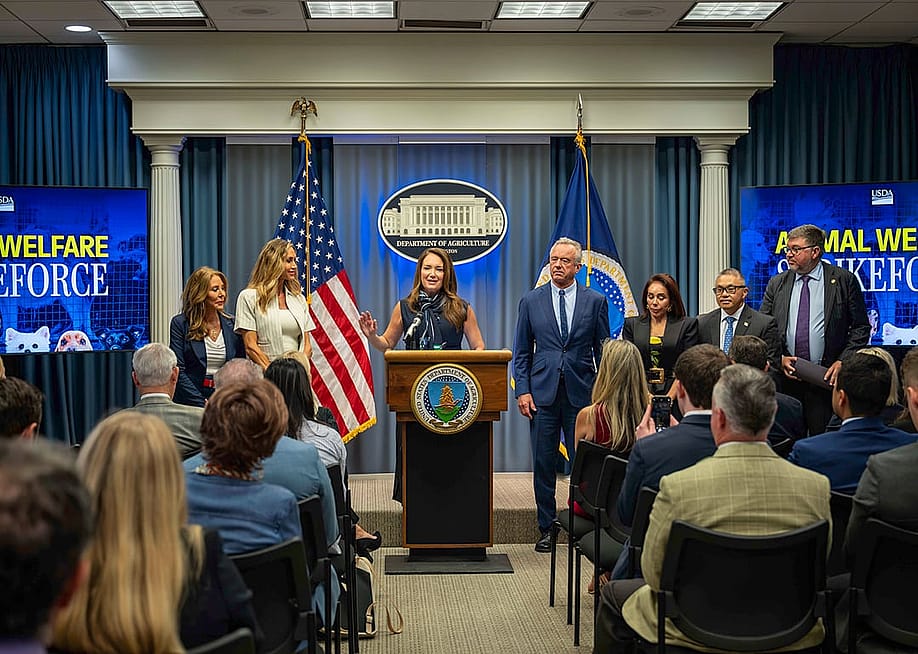 U.S. Secretary of Agriculture Brooke L. Rollins hosts a press conference following a Strike Force Roundtable to discuss improving animal welfare at the U.S. Department of Agriculture (USDA) Headquarters, Whitten Building on September 21, 2026 in Washington, D.C. — Brien Aho // U.S. Department of Agriculture