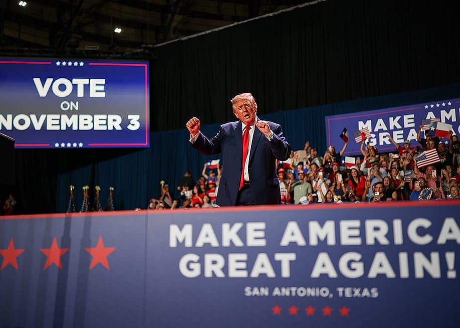 U.S. President Donald Trump dancing after speaking during a campaign rally at the Freeman Coliseum in San Antonio, Texas, USA. — Win McNamee // Getty Images