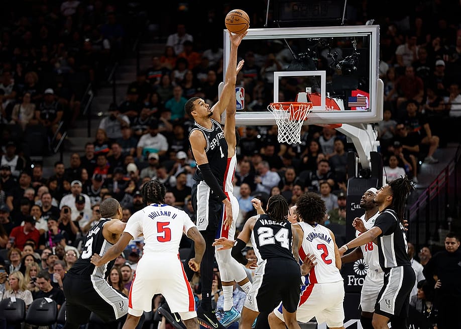 San Antonio Spurs' #1 Victor Wembanyama going for a rebound against Detroit Pistons in the second half at Frost Bank Center in San Antonio, Texas, USA. — Ronald Cortes // Getty Images
