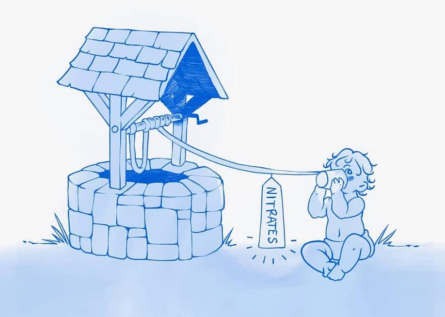 An illustration showing a blue baby syndrome, a condition caused by nitrate pollution in water from or near farms. — Janey Hayes