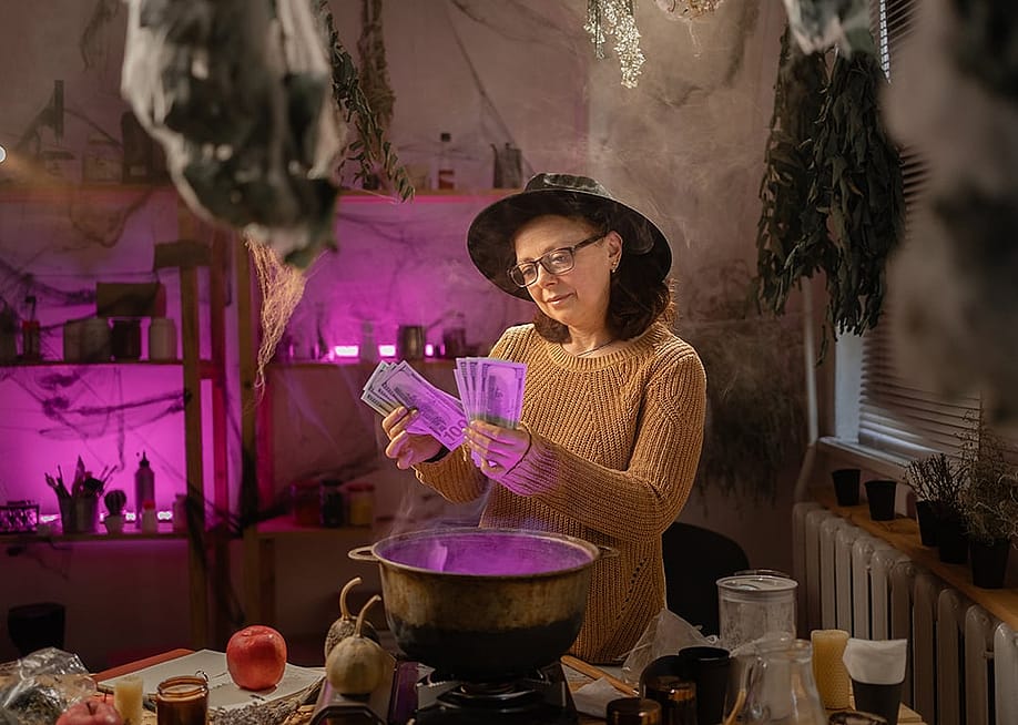 A person dressed as a realistic witch holding money bills over a boiling cauldron brewing potion with casting spells. — Lysenko Andrii // Shutterstock