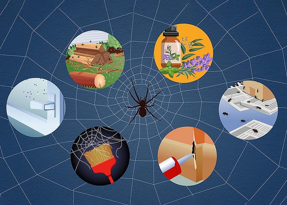 A graphic showing a spider in the center surrounded by different steps in circles to prevent spiders at home. — Paul Dolan for HomeServe
