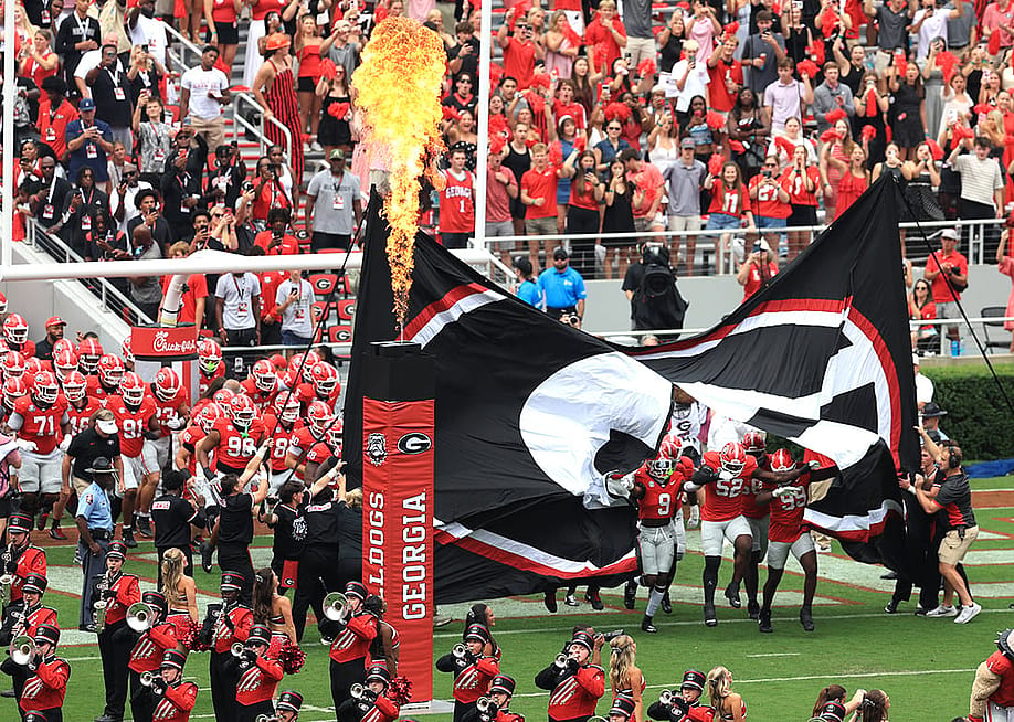 The University of Georgia football team running onto the field prior to the college football game between the Vanderbilt Commodores and the University of Georgia Bulldogs at Sanford Stadium in Athens, Georgia, USA. — Jeff Robinson // Icon Sportswire via Getty Images