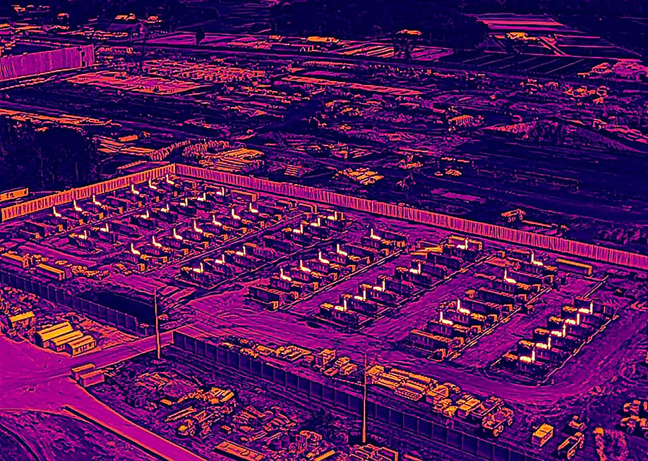 Thermal imagery shows a fleet of more than 60 unpermitted tractor-trailer-sized generators at DataOne. — Evan Simon // Floodlight