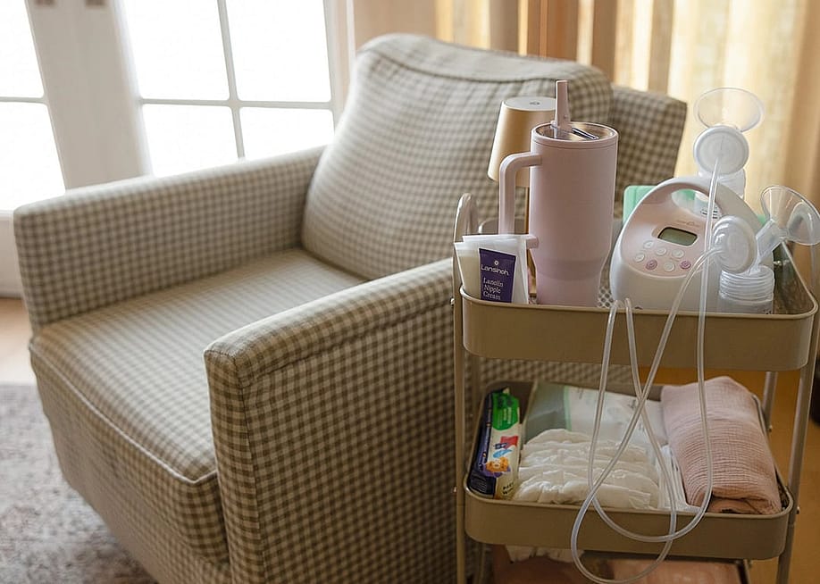 A pillowback chair with a nursery cart — Aeroflow Breastpumps