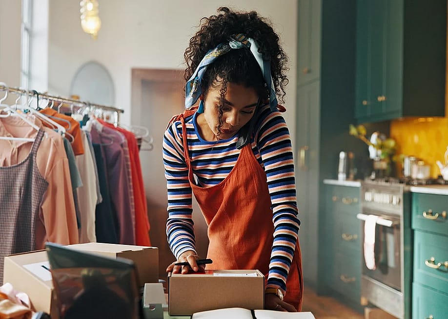 An female apparel small business owner talking on the phone with a customer while preparing a package order. — PeopleImages // Shutterstock